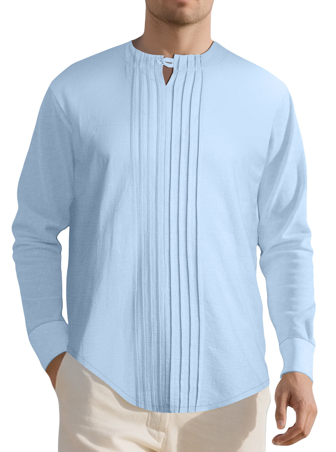 Herren Leichtes Langarmshirt im Leinenlook mit Stehkragen, Kellerfalten und Schlaufenverschluss Echoarchiv
