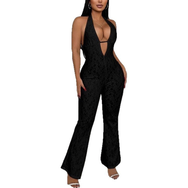 Damen eleganter Jumpsuit mit tiefem V-Ausschnitt und Spitzendetails Echo Archiv