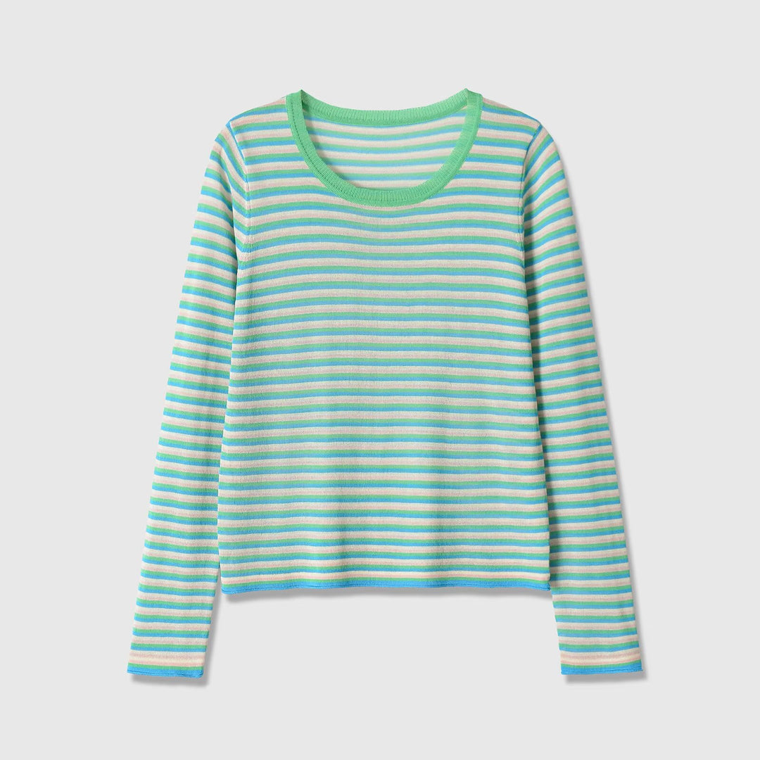 Damen Gestreiftes Feinstrick-Longsleeve mit Rundhalsausschnitt und Cropped-Boxy-Schnitt Echoarchiv