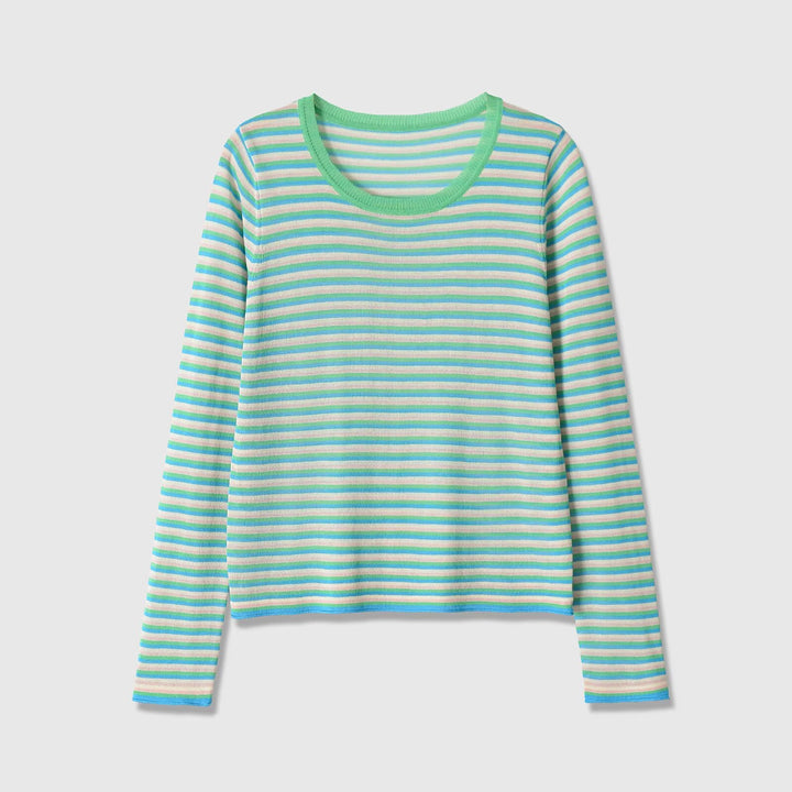 Damen Gestreiftes Feinstrick-Longsleeve mit Rundhalsausschnitt und Cropped-Boxy-Schnitt Echoarchiv