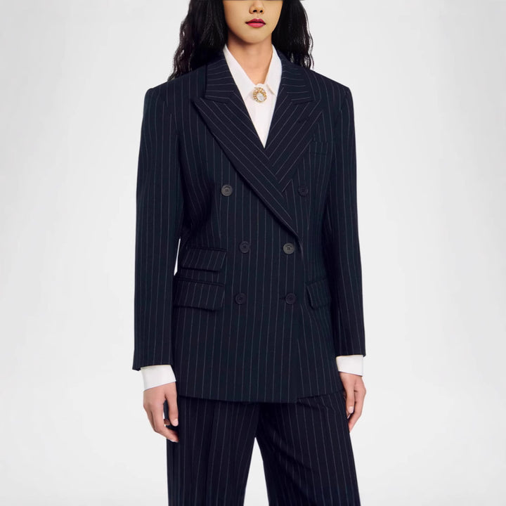 Damen Zweireihiger Nadelstreifen-Hosenanzug mit Oversize-Blazer und weitem Bundfaltenhose Echoarchiv