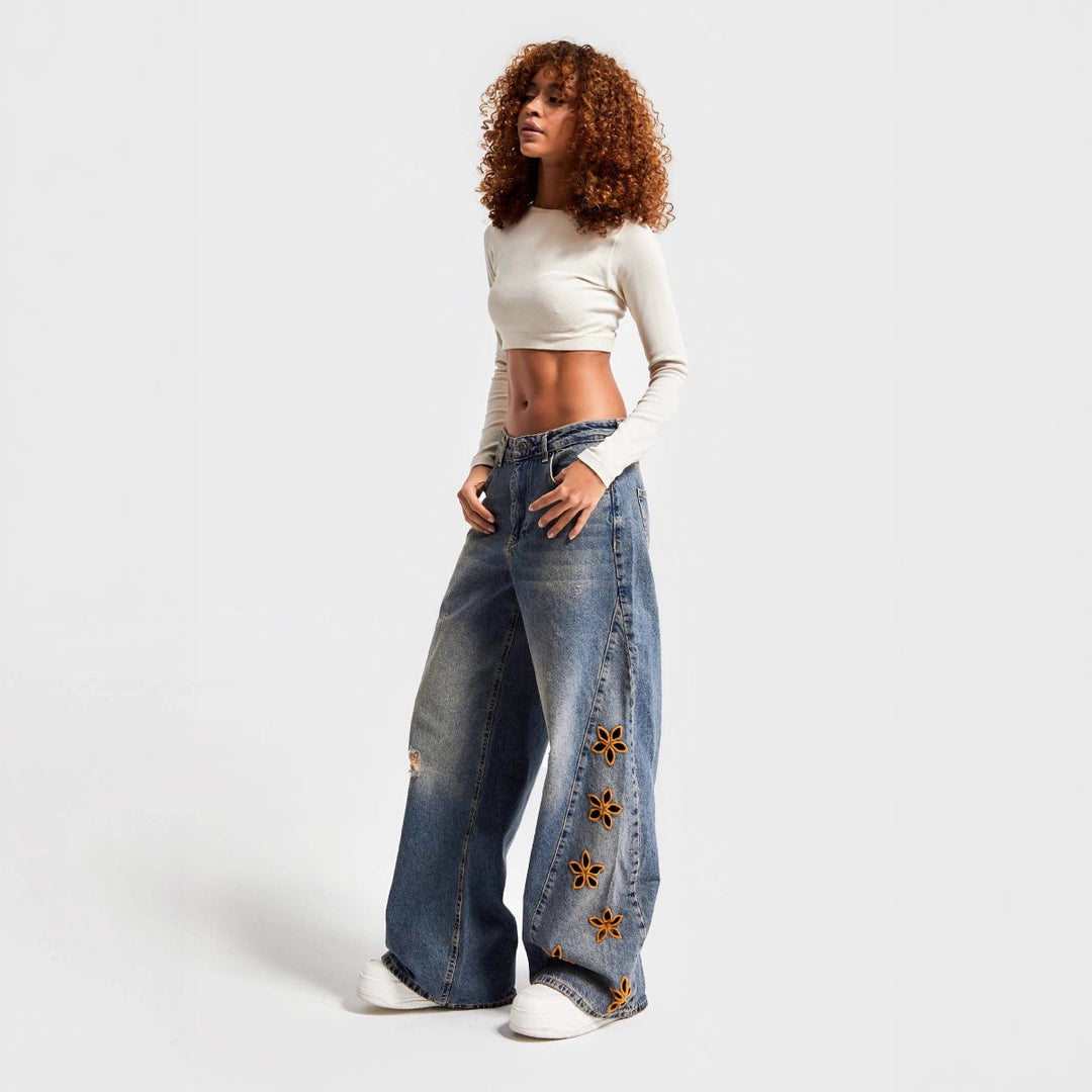 Damen weite Jeans mit floralem Stickdesign Echo Archiv