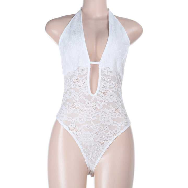 Damen eleganter Spitzenbadeanzug mit tiefem V-Ausschnitt und Rückenschlitz Echo Archiv