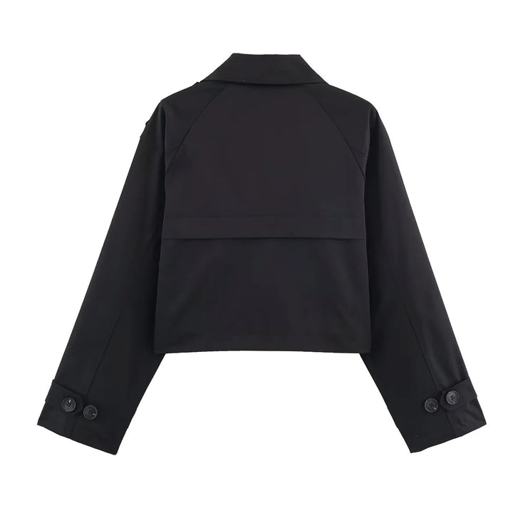 Damen cropped Trenchjacke mit doppelreihiger Knopfleiste, Schulterklappen und verstellbaren Manschetten – Célinea