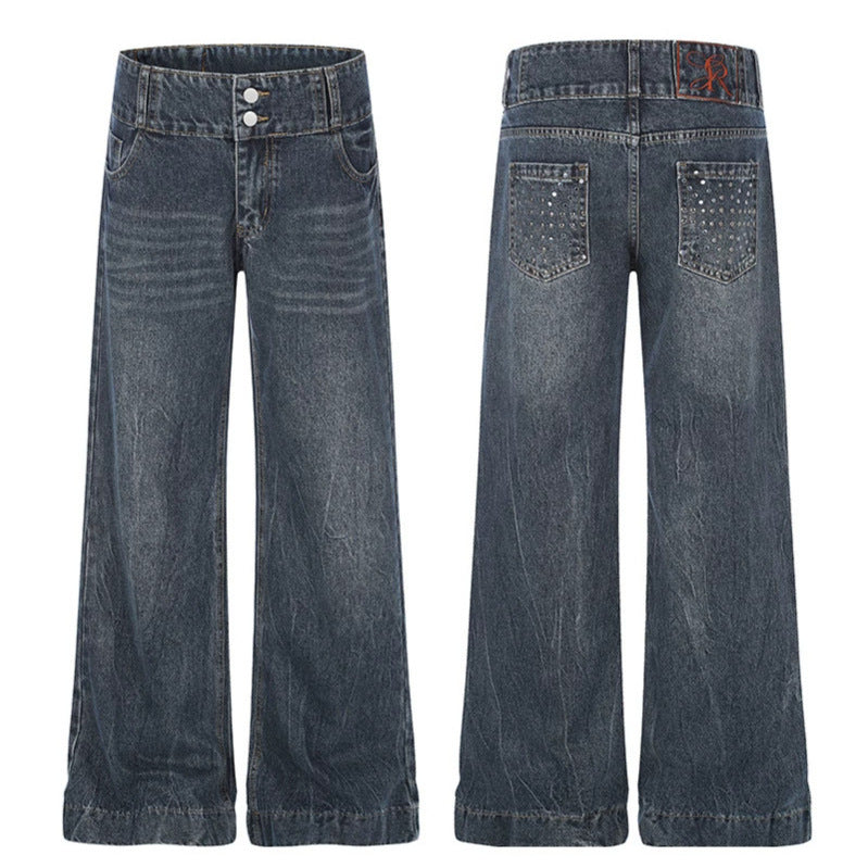 Damen High-Waist Weite Palazzo-Jeans mit Doppelknopf und ausgestelltem Bein Echoarchiv