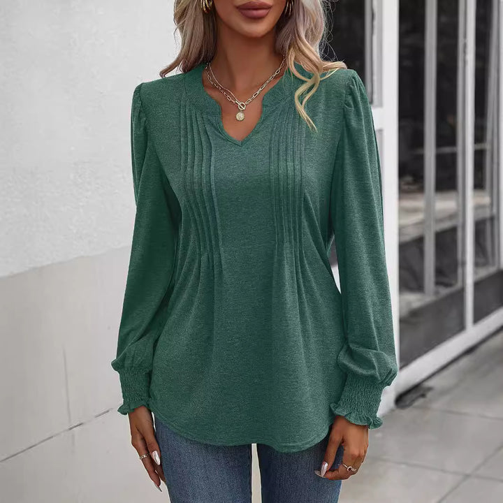Damen nan Langarmshirt mit V-Ausschnitt, dekorativen Kellerfalten vorn und elastischen Smokbündchen Echo Archiv