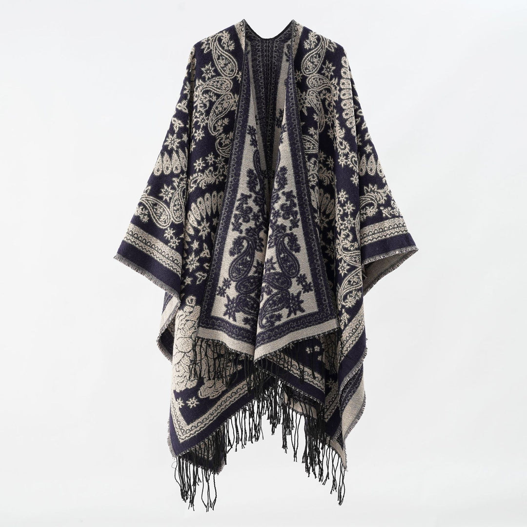 Damen Jacquard-Umhangponcho aus Wollmix mit beidseitigem Paisley-Jacquard und Fransen – Célinea
