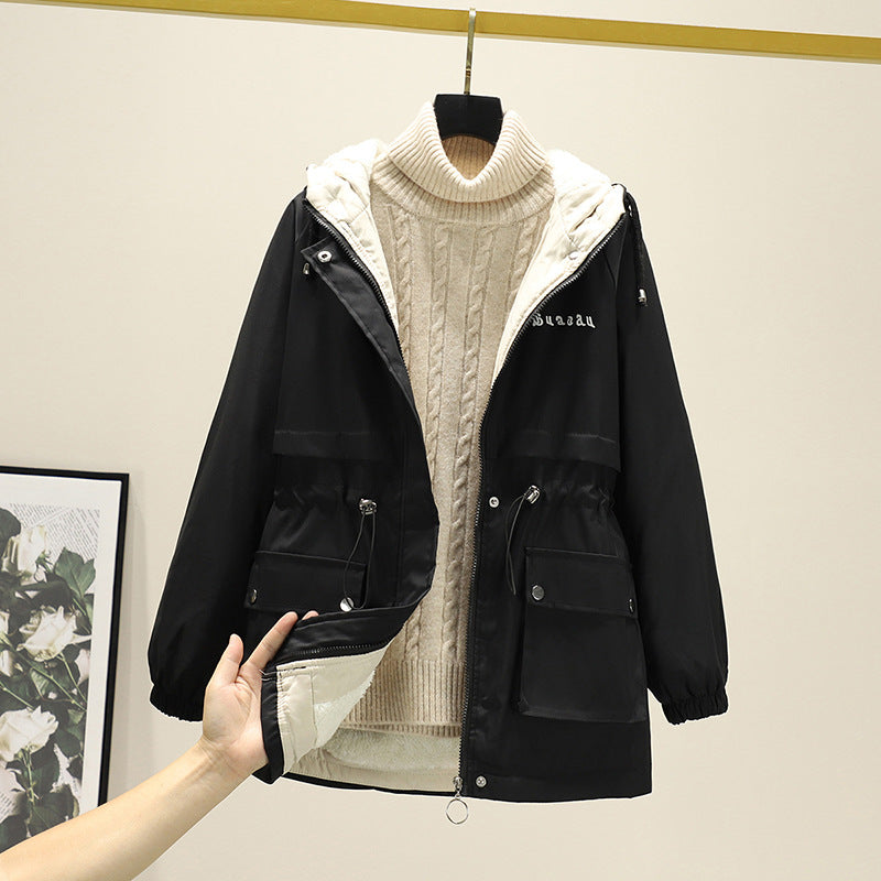 Damen Wasserabweisender Kapuzenparka mit Teddyfutter Tunnelzugtaillierung und Mehrfachtaschen – Célinea