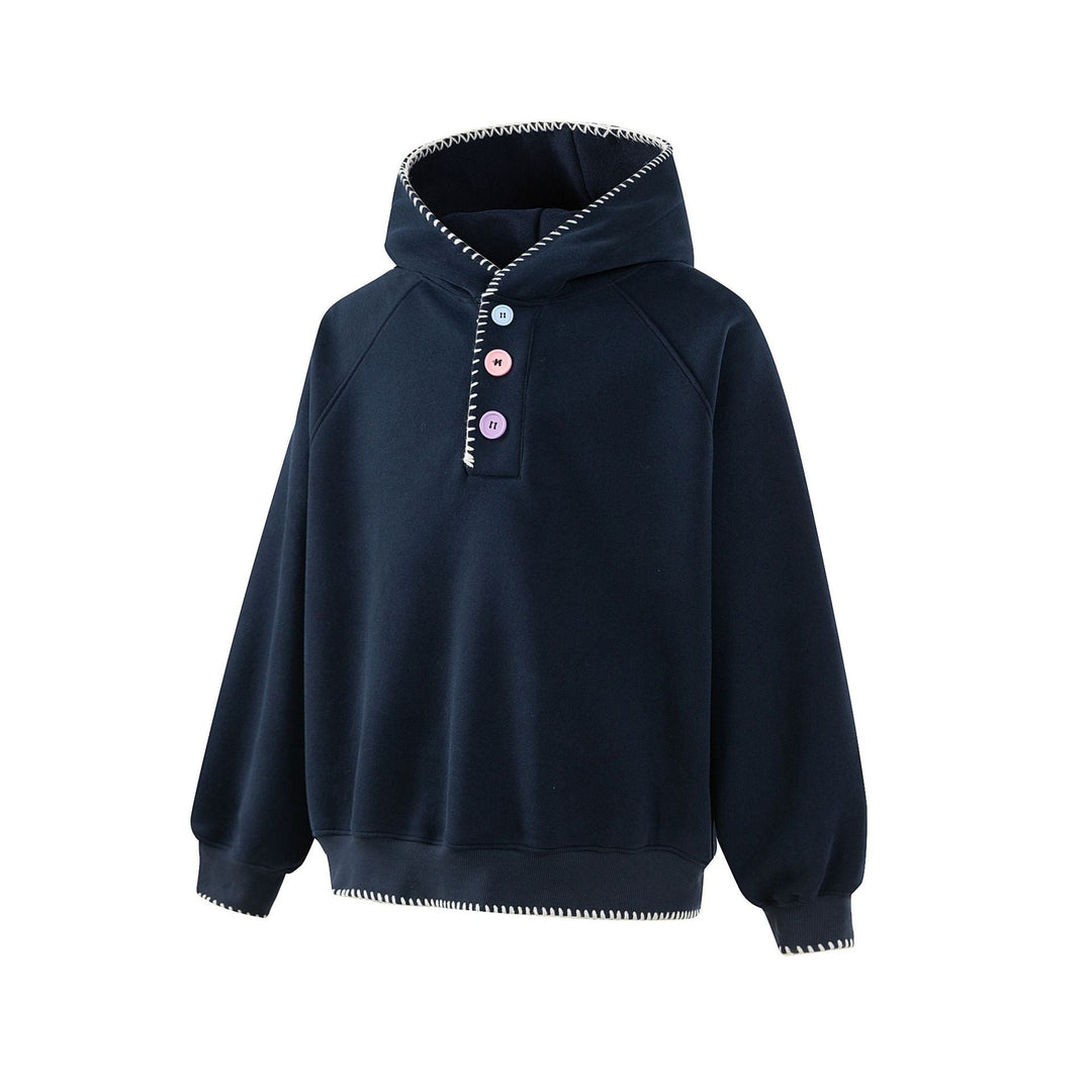 Damen Kapuzenpullover mit halber Knopfleiste, dekorativer Sattelnaht und Oversize-Schnitt Echoarchiv
