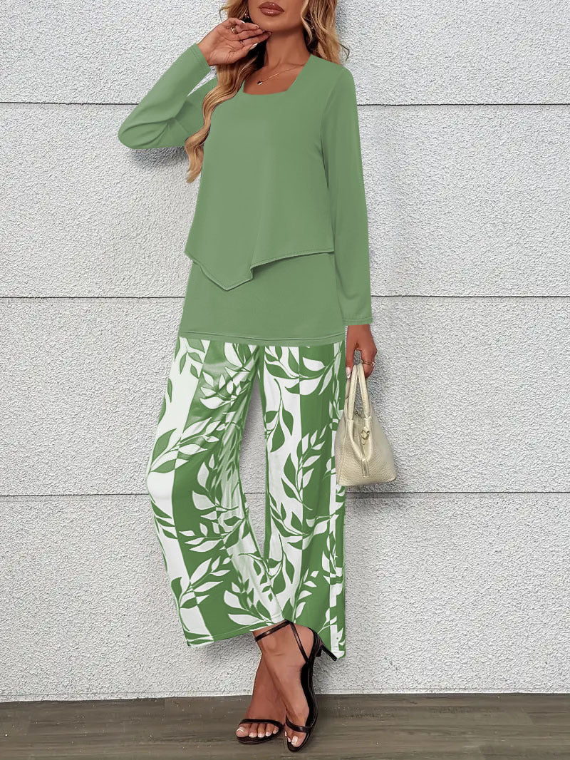 Damen Zweiteiliges Lounge-Set mit überlappendem Longsleeve und weiten Palazzo‑Hosen Echoarchiv