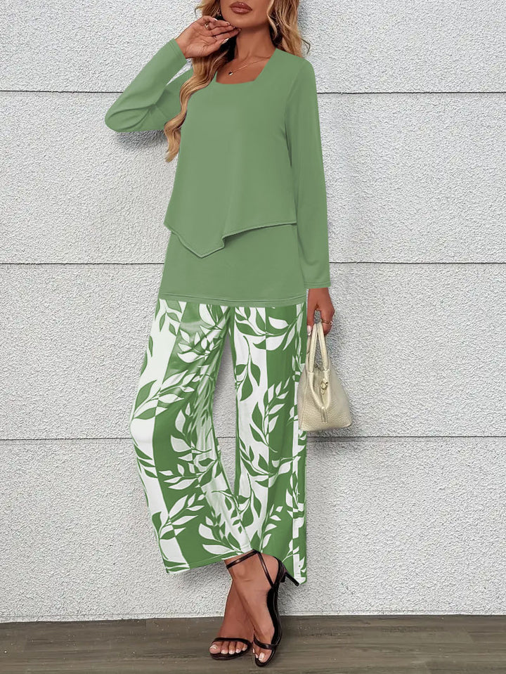 Damen Zweiteiliges Lounge-Set mit überlappendem Longsleeve und weiten Palazzo‑Hosen Echoarchiv
