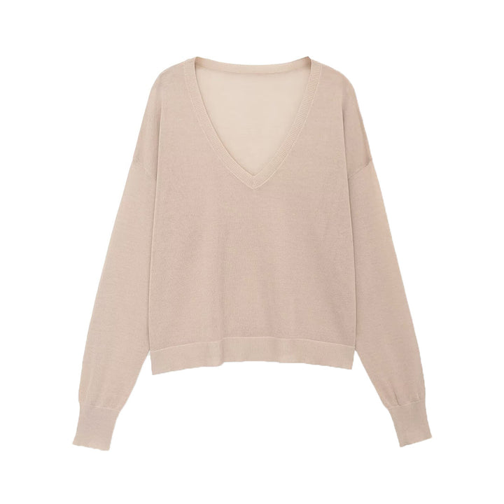 Damen Oversize-Feinstrickpullover mit tiefem V-Ausschnitt und gerippten Bündchen Echoarchiv