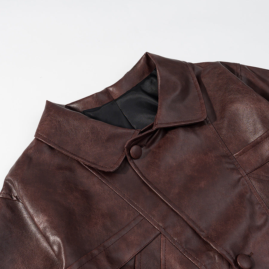 Damen Kurz geschnittene Oversize-Lederjacke mit Rundkragen und Pattentaschen Echo Archiv