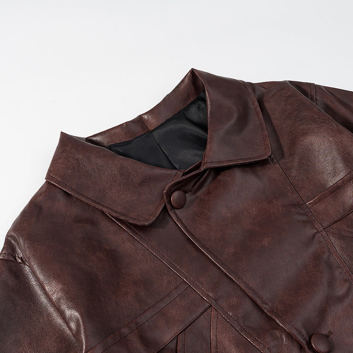 Damen Kurz geschnittene Oversize-Lederjacke mit Rundkragen und Pattentaschen Echo Archiv