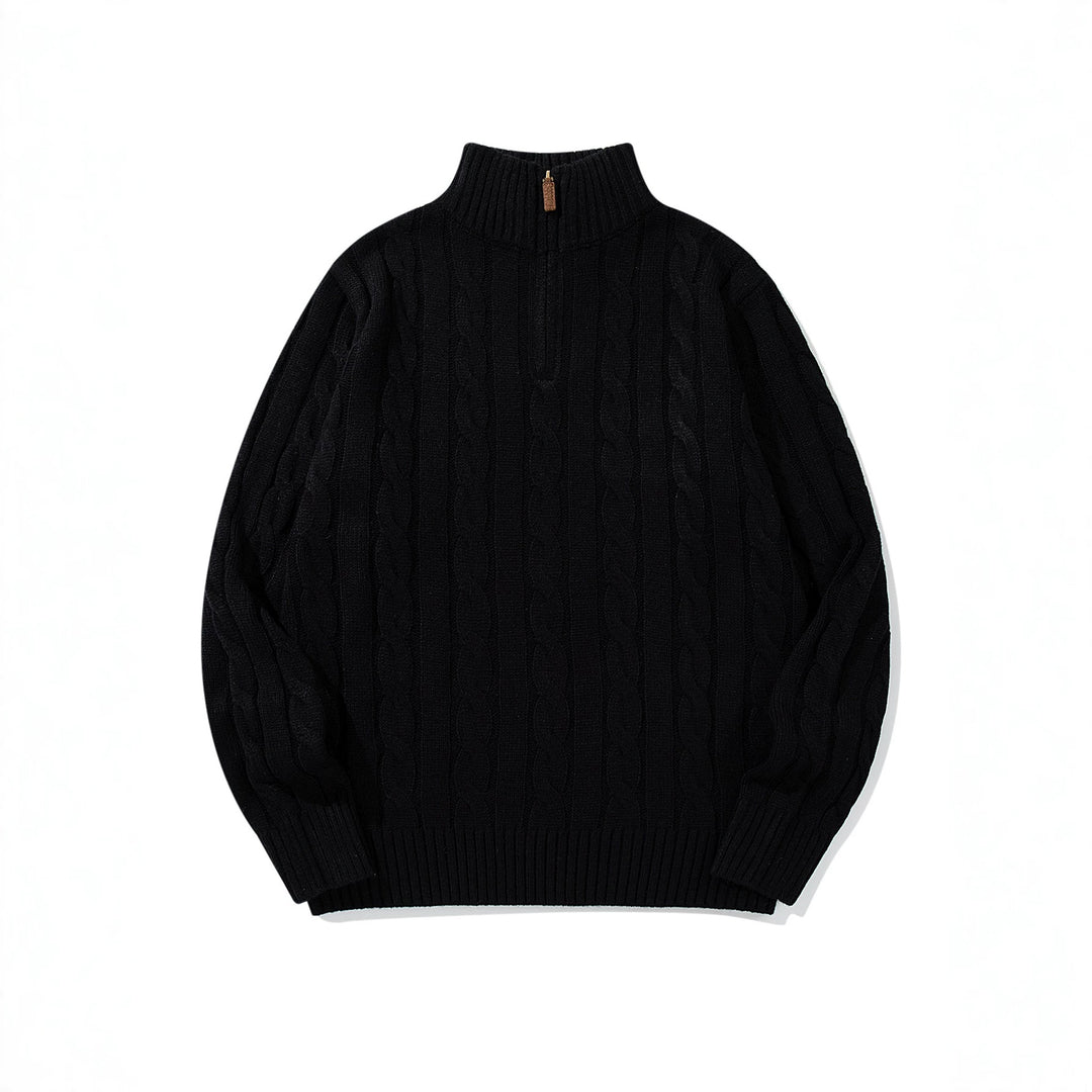 Unisex Zopfmuster-Halbzip-Pullover mit hohem Rippkragen und Oversize-Schnitt Echoarchiv