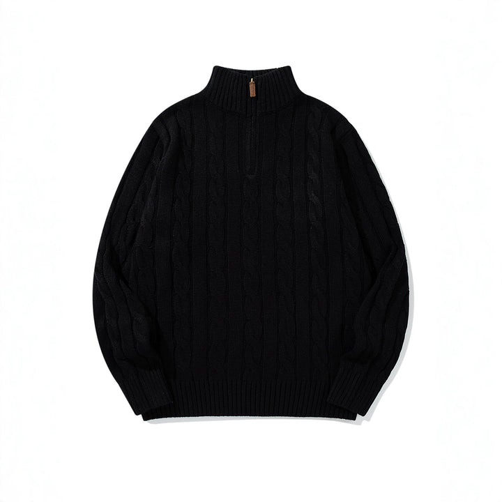 Unisex Zopfmuster-Halbzip-Pullover mit hohem Rippkragen und Oversize-Schnitt Echoarchiv