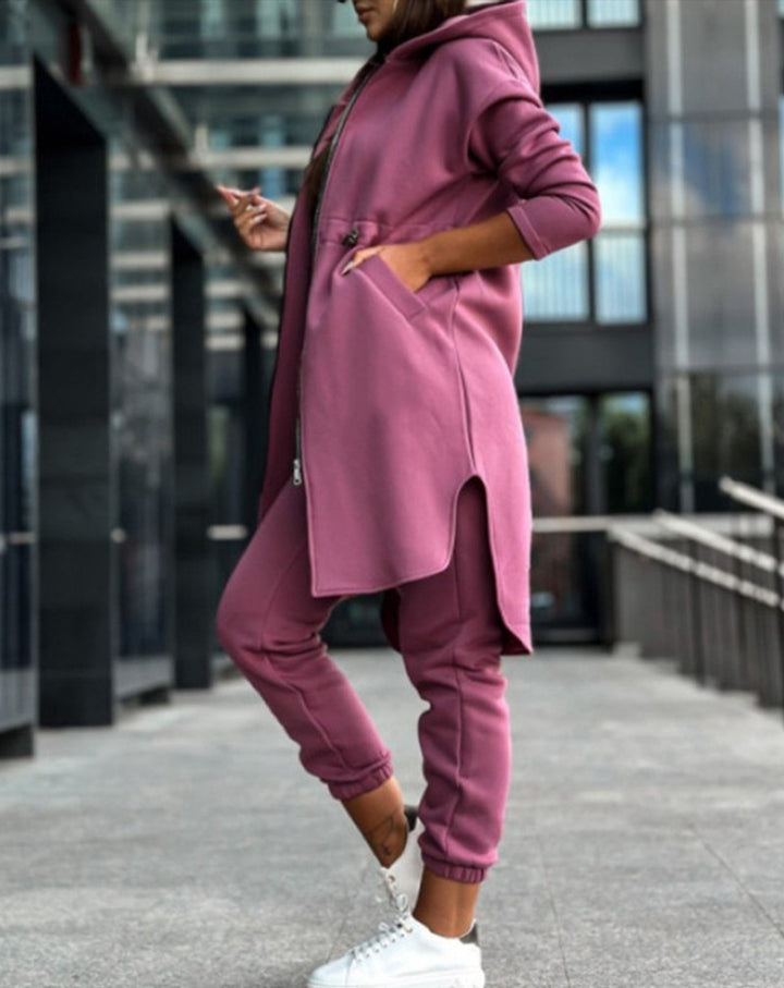 Damen nan lange Sweat-Kapuzenjacke mit Zweiwege-Reißverschluss, Tunnelzug-Taille, Eingrifftaschen und Seitenschlitzen Echo Archiv