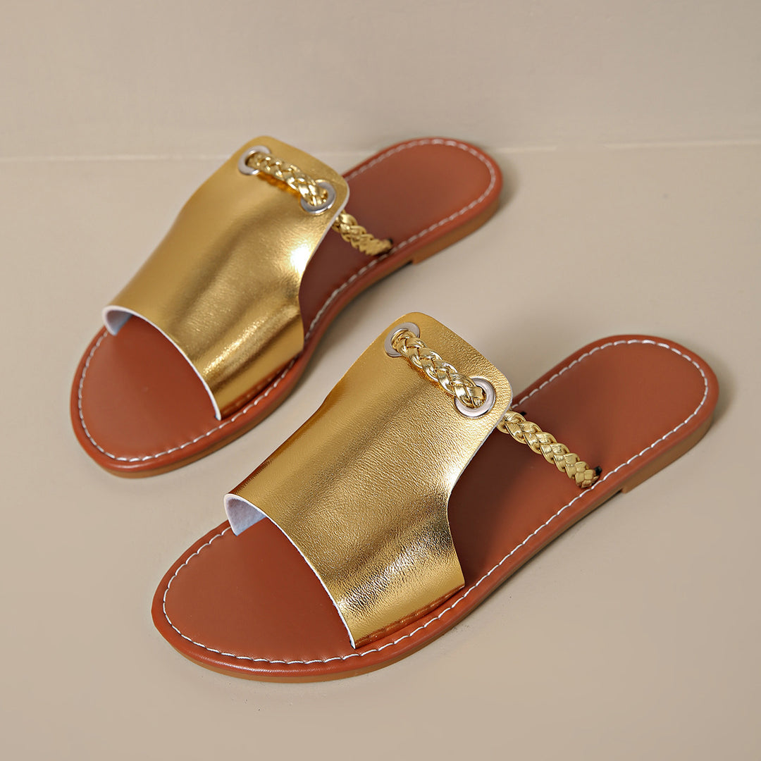 Damen nan elegante flache Pantolette mit breitem Obermaterial und geflochtenem Zehenriemen Echo Archiv