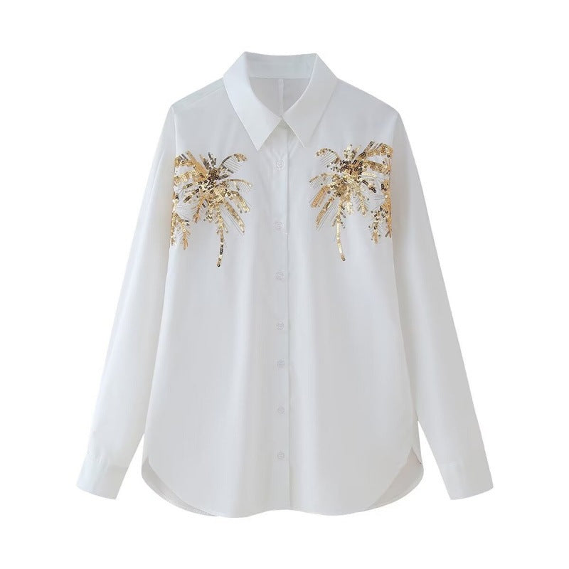 Damen Oversize-Hemdbluse mit Palm-Motiv aus goldenen Pailletten Echo Archiv