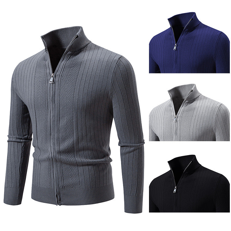 Herren Schmal geschnittene Feinstrick-Zipjacke mit Stehkragen und markanter Rippstruktur Echo Archiv