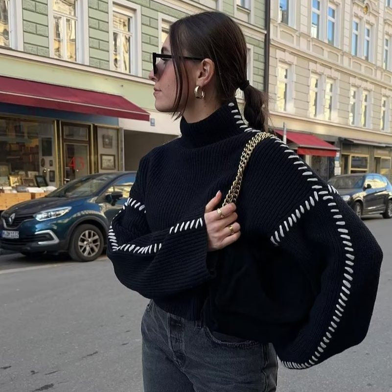 Damen Oversized Cropped Strickpullover mit Kontraststich und Raglanärmeln Echo Archiv