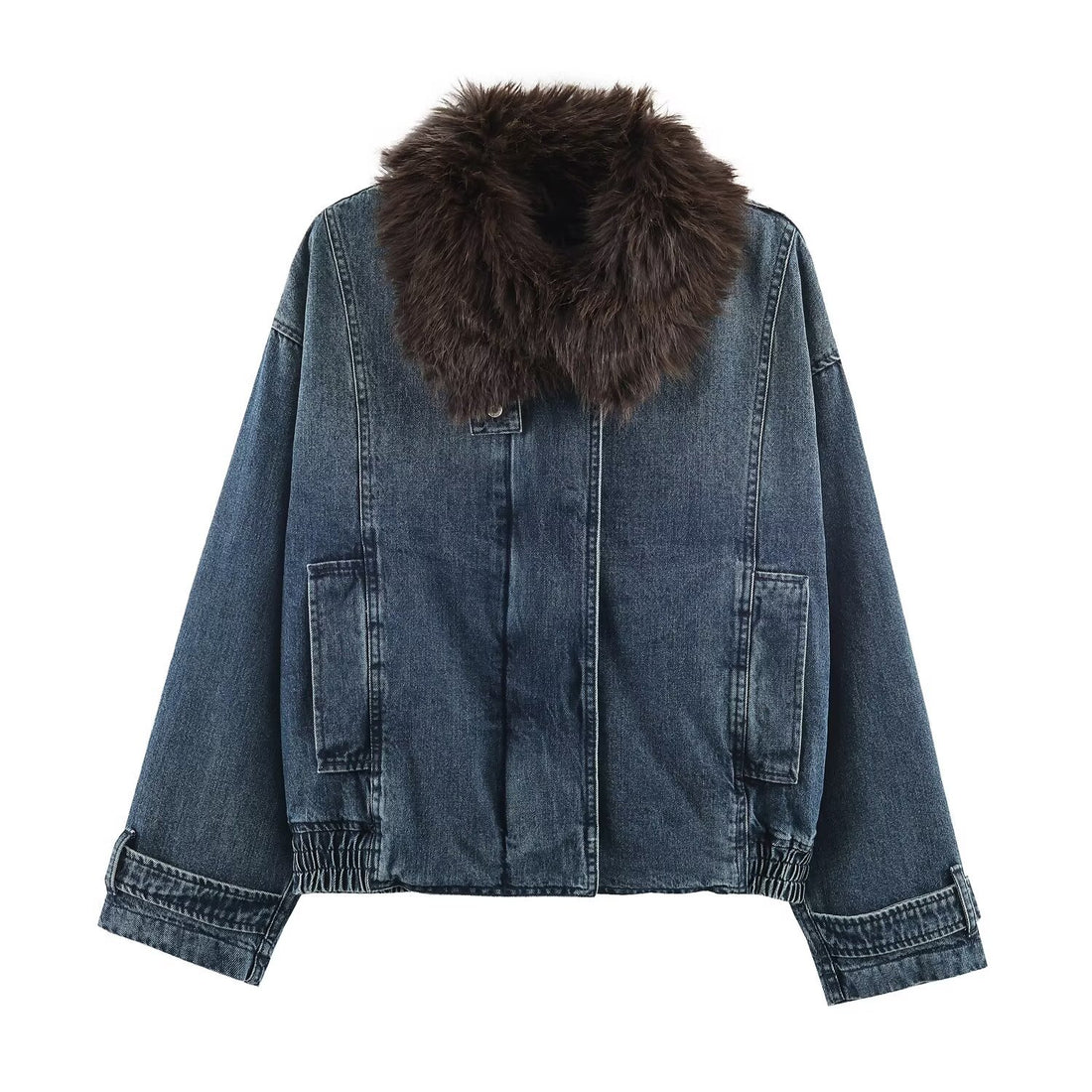 Damen Oversize-Jeansjacke mit voluminösem Kunstpelzkragen und elastischem Saum Echoarchiv