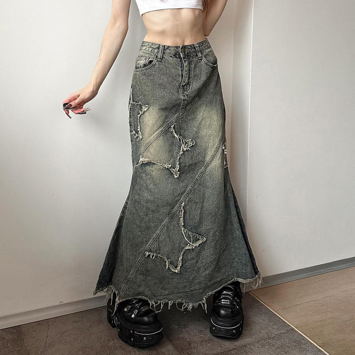 Damen nan vintage Denim-Maxirock mit ausgefransten Patches und diagonalen Ziernähten Echo Archiv