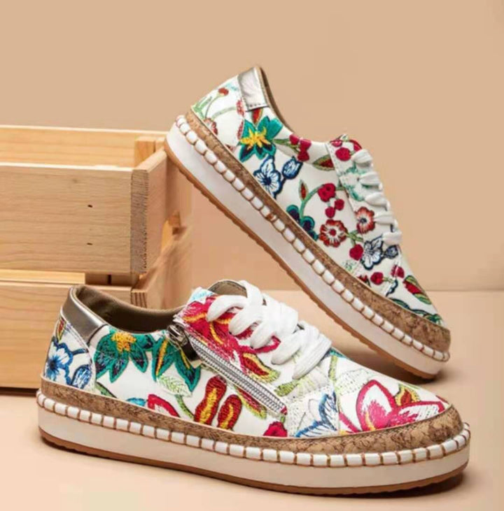 Damen florale Plateausneaker mit Korkplateau, seitlichem Reißverschluss und gepolstertem Komfortfußbett Echo Archiv