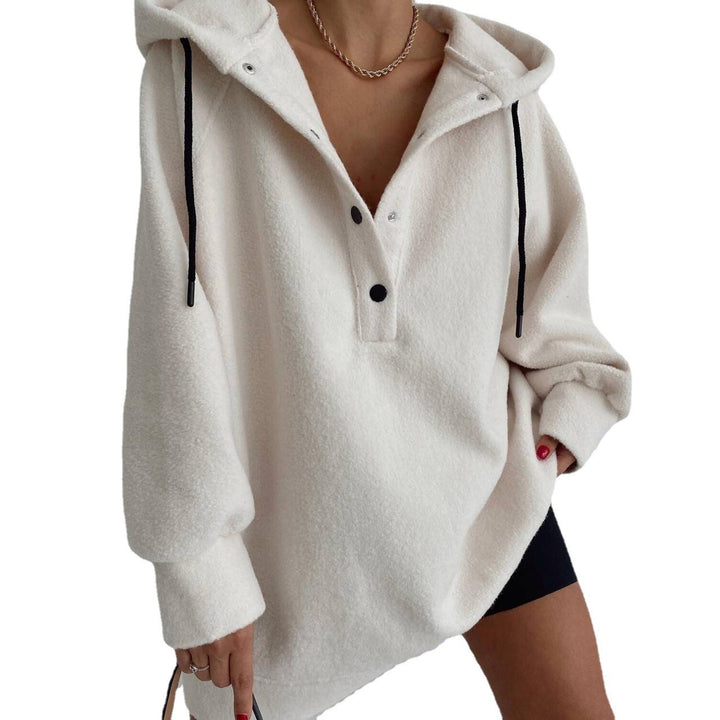 Damen nan kuscheliges Kapuzen-Fleece-Tunika-Sweatshirt mit Druckknopfleiste und überschnittener Schulter Echo Archiv