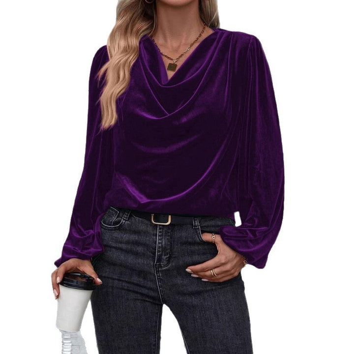 Damen Drapiertes Samtblusenshirt mit Wasserfall‑Ausschnitt und Puffschultern Echoarchiv