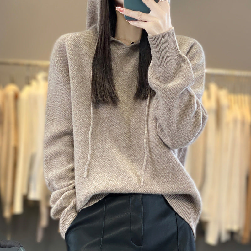 Damen weicher Feinstrick‑Kapuzensweater mit melierter Struktur und gerippten Bündchen Echoarchiv