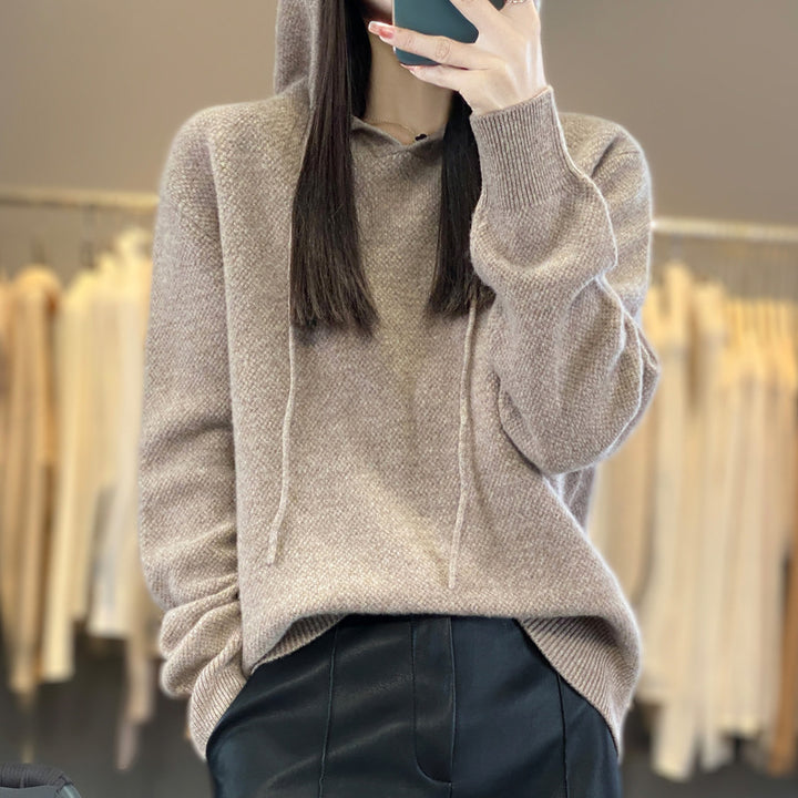 Damen weicher Feinstrick‑Kapuzensweater mit melierter Struktur und gerippten Bündchen Echoarchiv