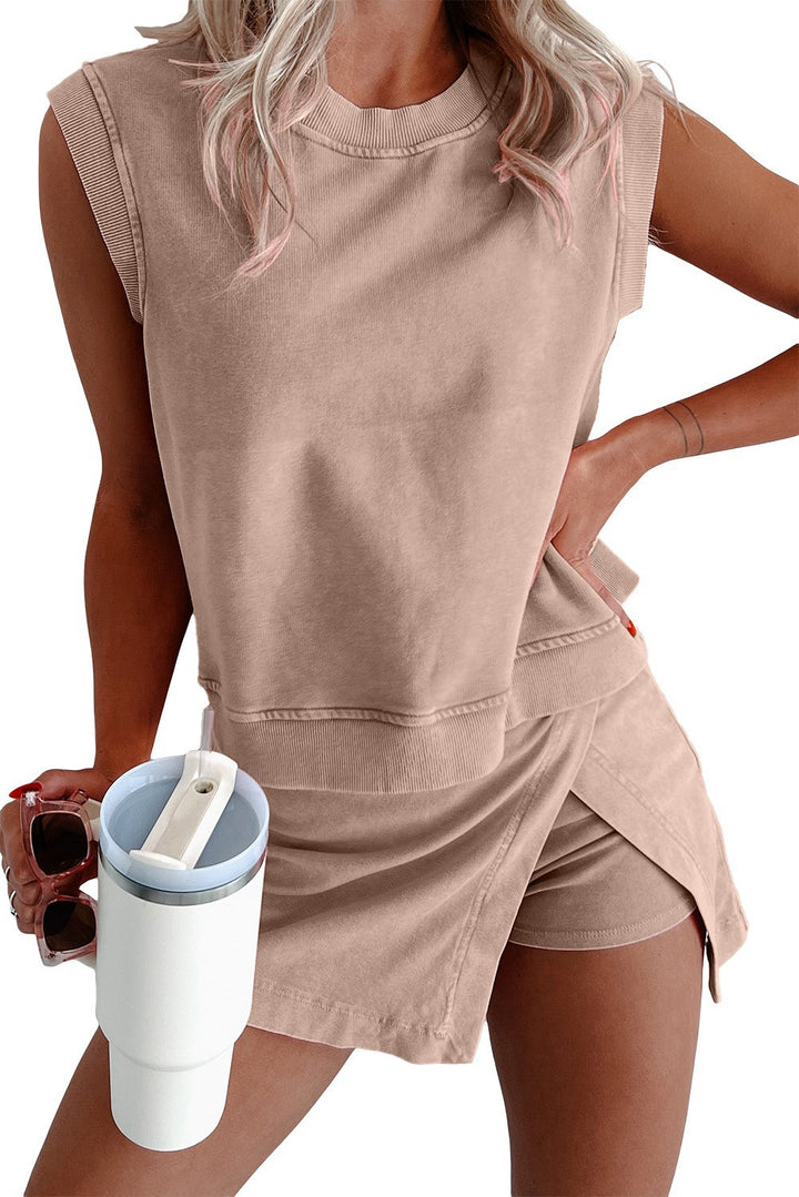 Damen nan lässiges Jerseystoff-Zweiteiler-Set mit ärmellosem kastigem Top und Wickel-Shortrock mit eingearbeiteten Shorts Echo Archiv