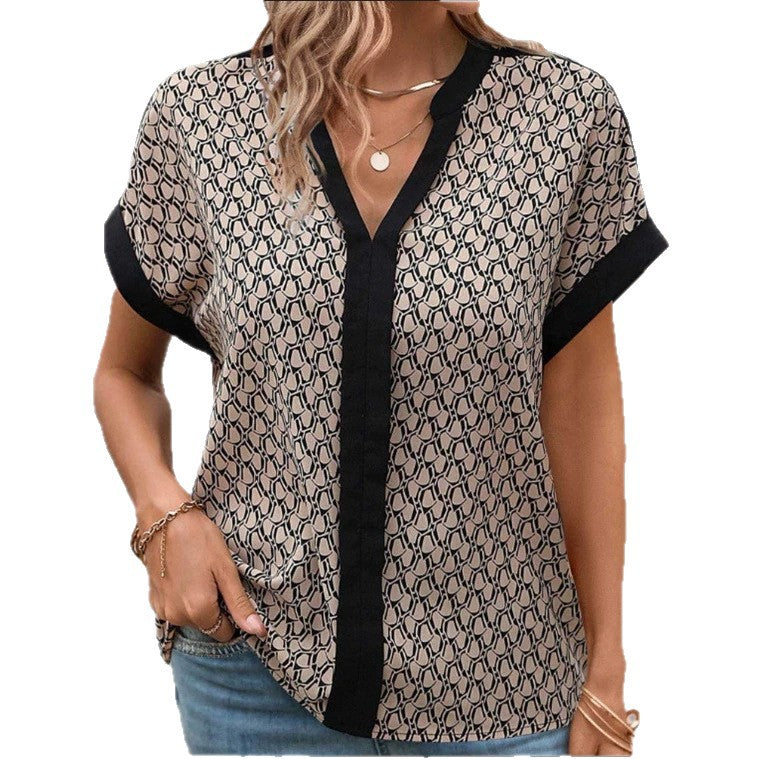 Damen nan leichte kastige Bluse in Krepp-Optik mit V-Ausschnitt und Kontrastpaspel Echo Archiv