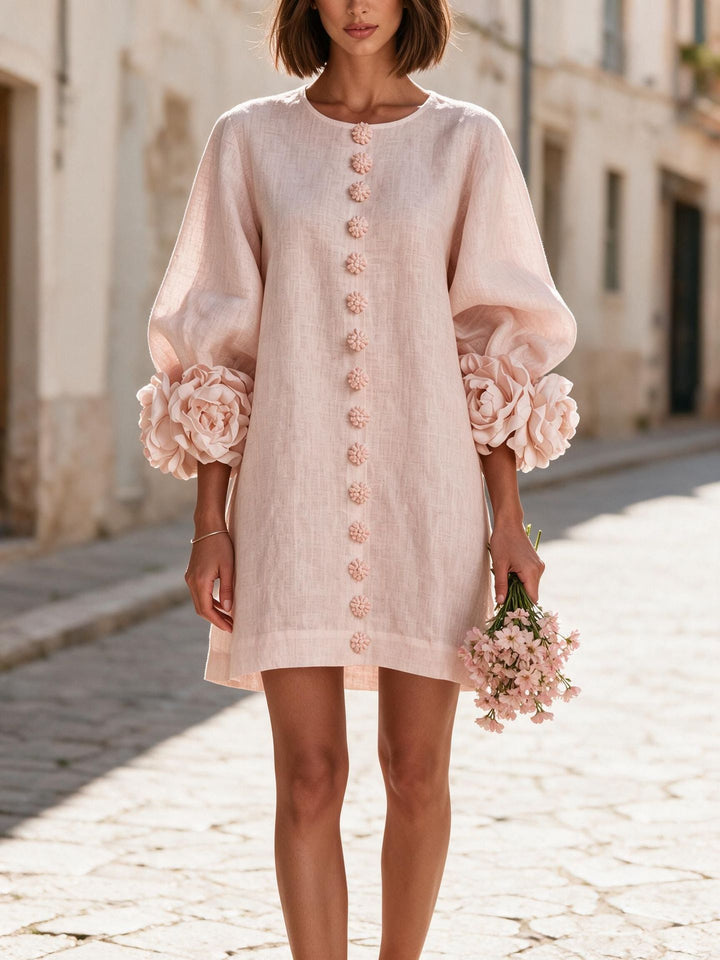 Damen Kurzkleid aus Leinen mit voluminösen Ballonärmeln und 3D-Blumenmanschetten Echoarchiv