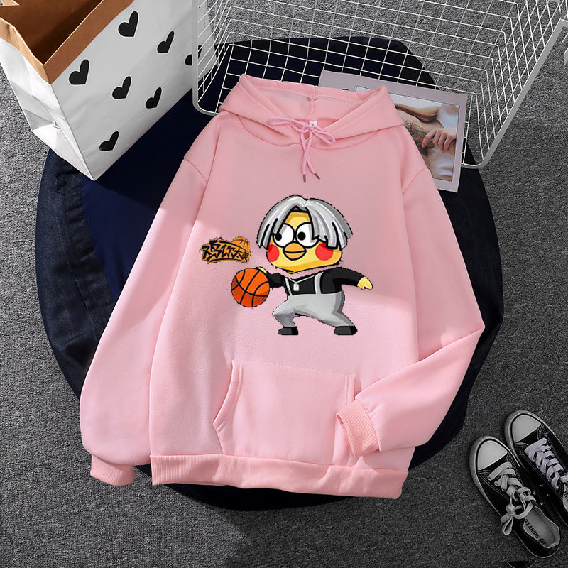 Unisex Kapuzenpullover mit Comic-Küken Basketballprint, Kängurutasche und weichem Fleece – Auréline