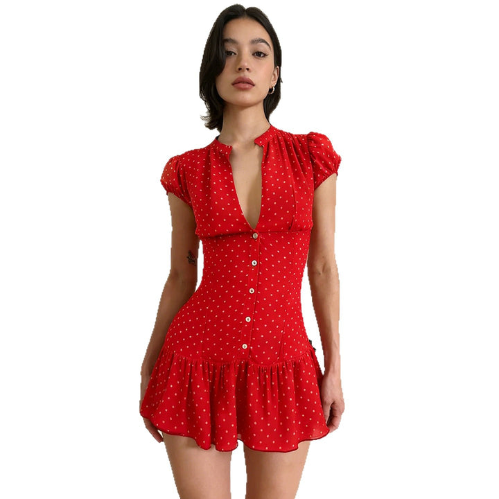 Damen verspieltes Polka Dot Kleid mit knopfbarem Ausschnitt und voluminösem Saum Echo Archiv