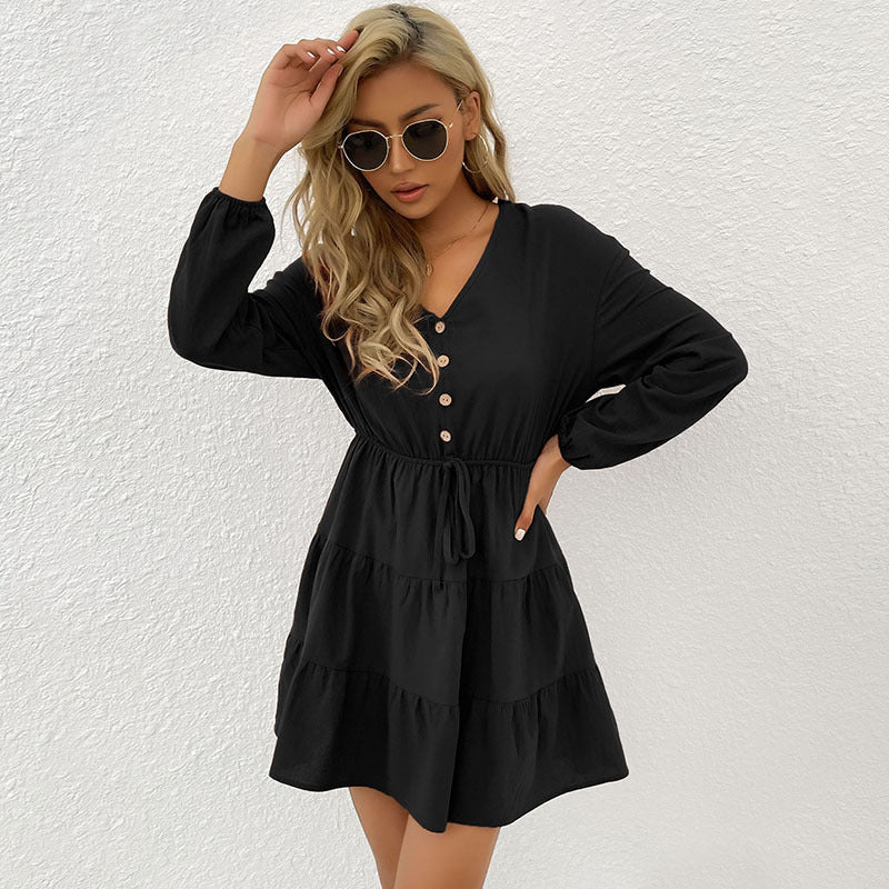 Damen Gestuftes Viskose-Minikleid mit Taillenschnur und Knopfdetail Echoarchiv