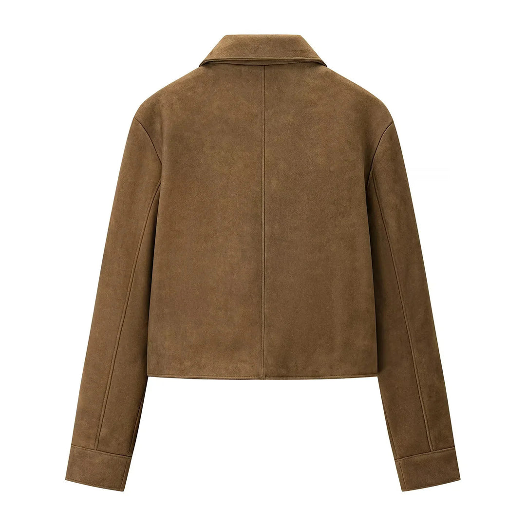Damen kurz geschnittene Veloursjacke mit Hemdkragen, verdeckter Knopfleiste und schrägen Eingrifftaschen – Célinea