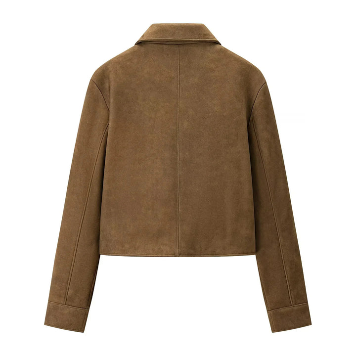 Damen kurz geschnittene Veloursjacke mit Hemdkragen, verdeckter Knopfleiste und schrägen Eingrifftaschen – Célinea