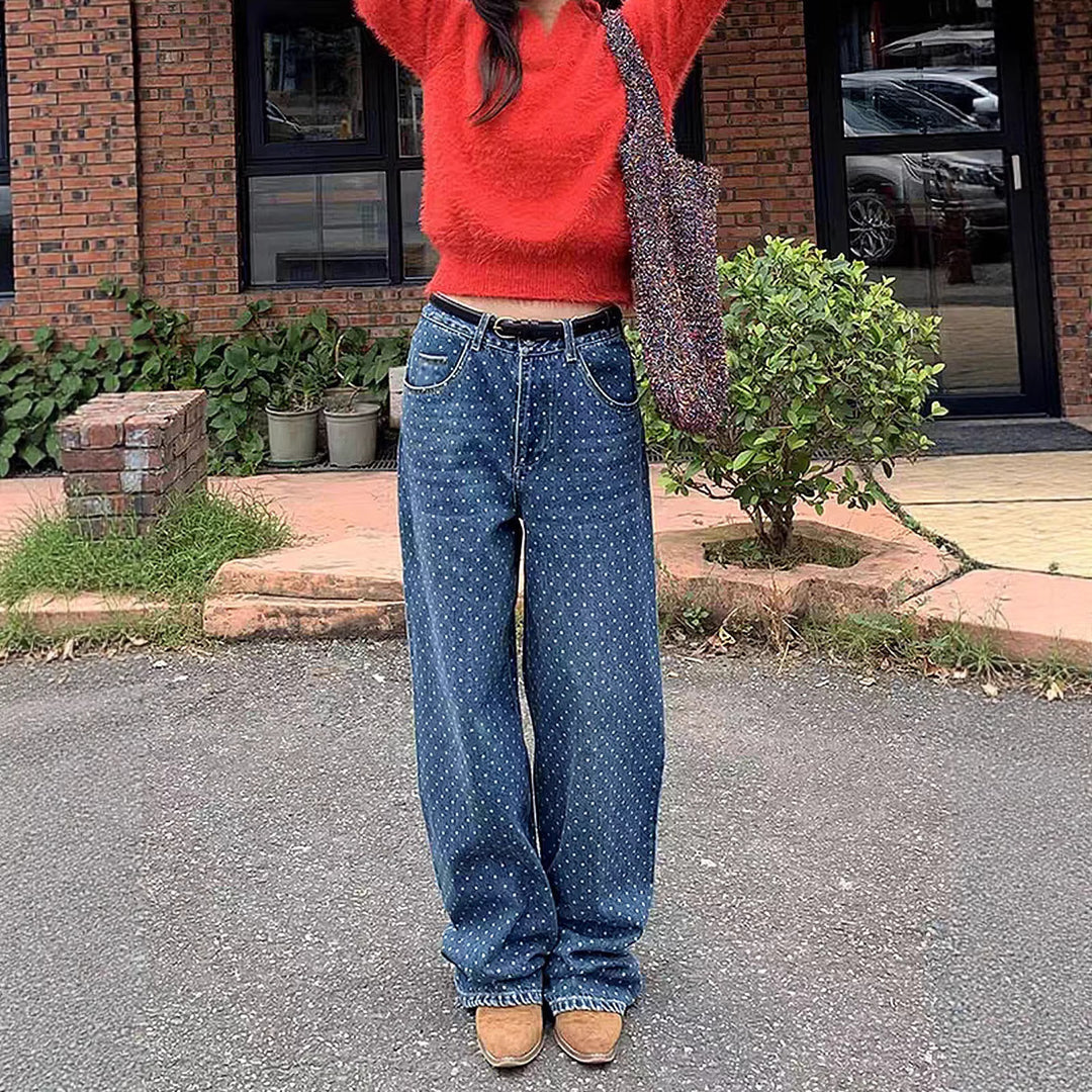 Damen nan hochgeschnittene weite Denimhose mit durchgehendem Punktmuster und klassischem Taschen-Design Echo Archiv