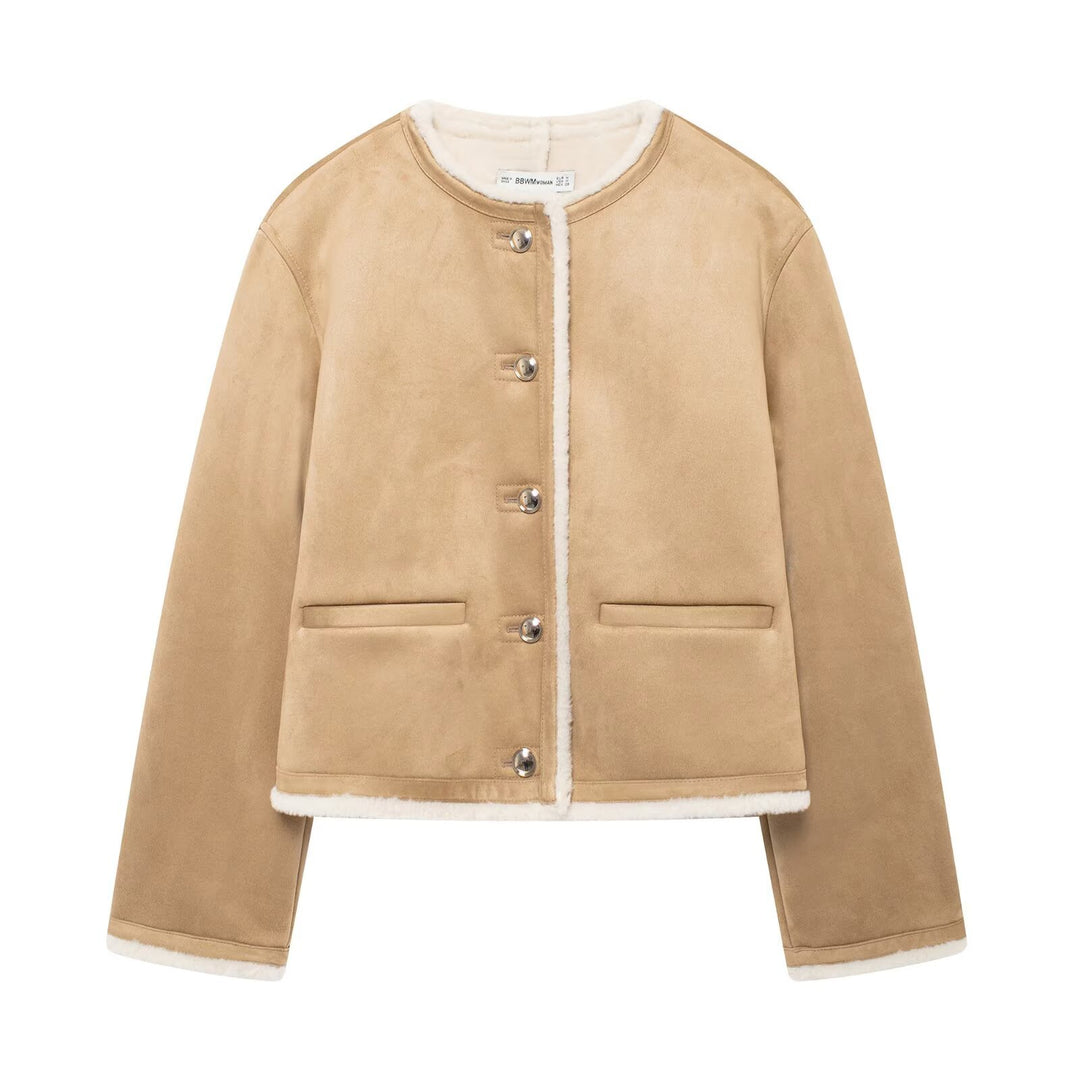 Damen Kurze Lammfelloptik-Cardiganjacke aus Veloursimitat mit Rundhals und Druckknöpfen Echoarchiv
