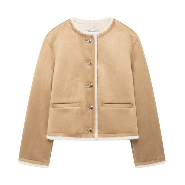 Damen Kurze Lammfelloptik-Cardiganjacke aus Veloursimitat mit Rundhals und Druckknöpfen Echoarchiv