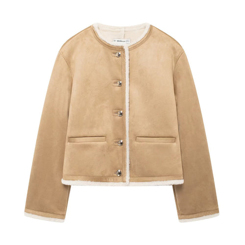 Damen Kurze Lammfelloptik-Cardiganjacke aus Veloursimitat mit Rundhals und Druckknöpfen Echoarchiv