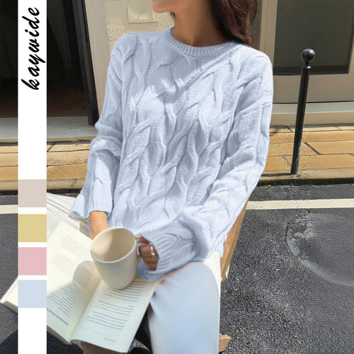 Damen oversized Zopfstrickpullover mit Rundhalsausschnitt und weichem Fall – Mavelle