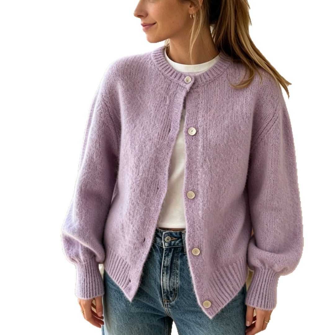 Damen Kuschelige Mohair-Optik Strickjacke mit Rundhals und Ballonärmeln – Veloura