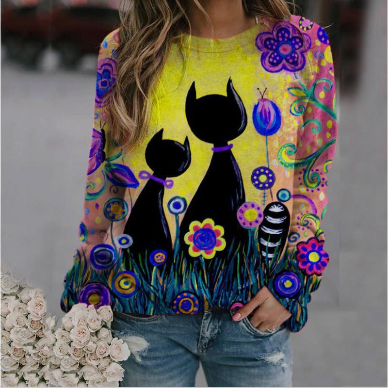 Damen Oversized-Sweatshirt mit künstlerischem Katzen-Print und floraler Musterung – Avérine