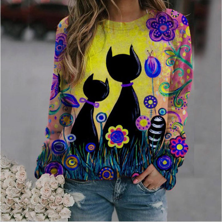 Damen Oversized-Sweatshirt mit künstlerischem Katzen-Print und floraler Musterung – Avérine