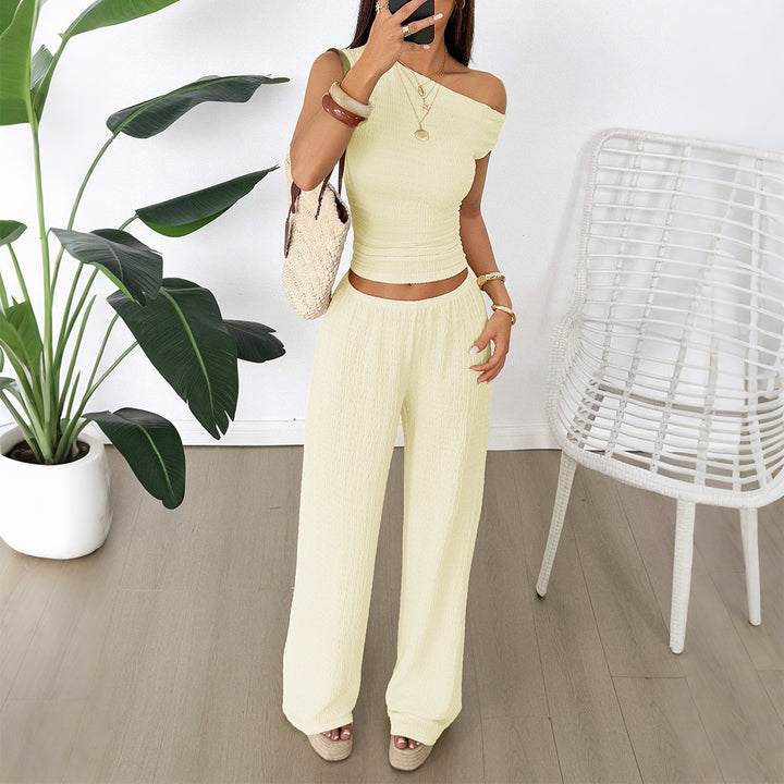 Damen Zweiteiliges Set aus elastischem Rippstoff mit asymmetrischem Top und weitem Hosen Echo Archiv