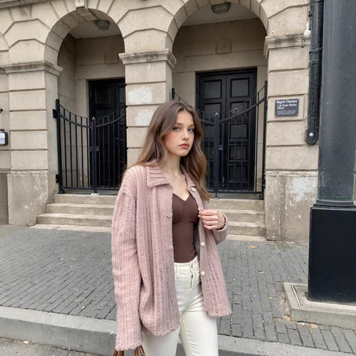 Damen Grob gestrickte Oversize‑Strickjacke mit Hemdkragen und Knopfleiste Echoarchiv